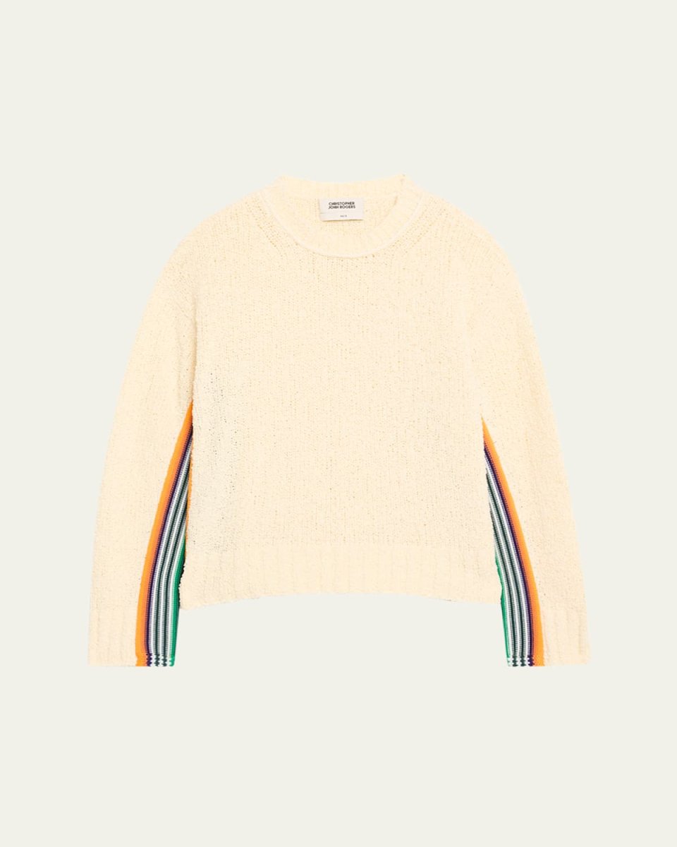 Striped-Side Boucle Knit Crewneck Sweat